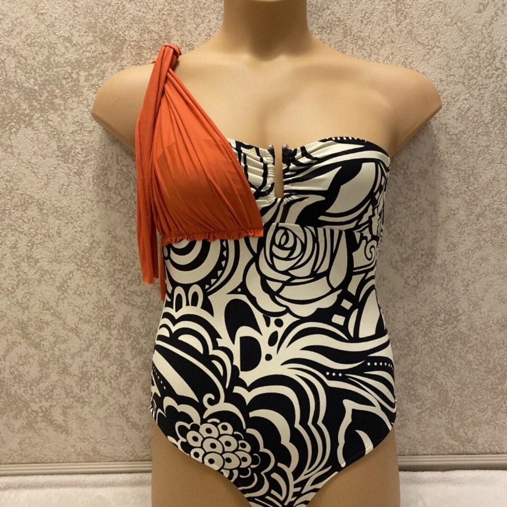 ANIKA Monochrome Floral One Piece with Vibrant Orange Strap Detail